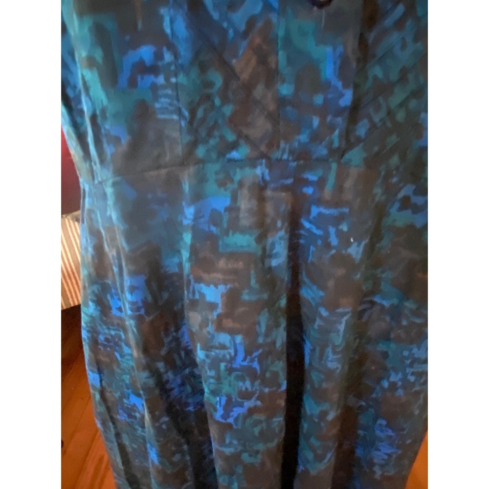 Vtg 50's Blue Abstract Watercolor Pintuck Pleated Midi Dress rockabilly XL - Picture 5 of 8